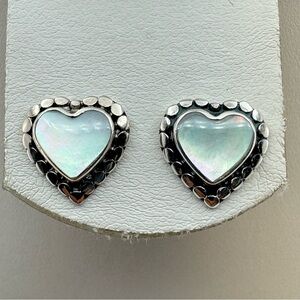 NEW Sterling Silver Mother of Pearl Heart Stud Earrings Artisan Beaded Halo